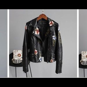 Flower embroidered Faux Leather Jacket.